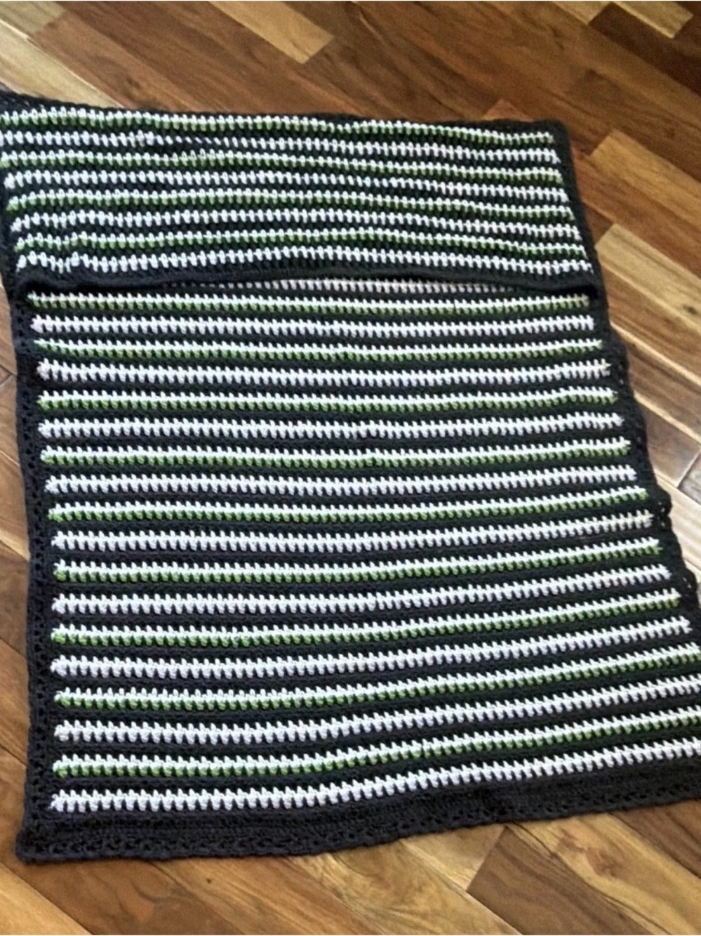 Handmade Striped Crochet Blanket in Black, White & Olive
